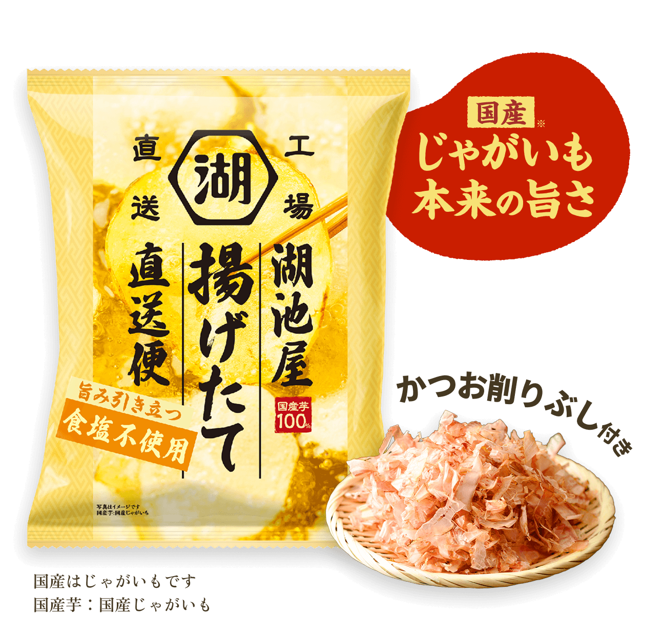湖池屋揚げたて直送便（工場直送便）食塩不使用のポテトチップスはかつお削りぶしトッピング付き