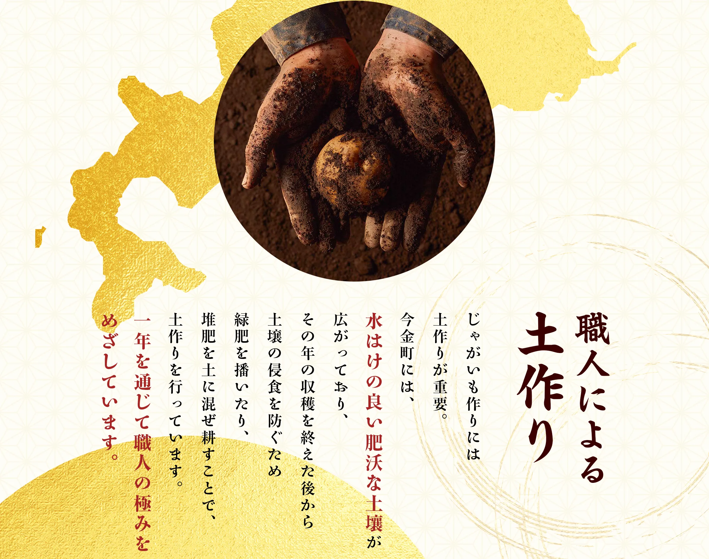 「職人による土作り」じゃがいも作りには土作りが重要。今金町には、水はけの良い肥沃な土壤が広がっており、その年の収穫を終えた後から土壌の侵食を防ぐため緑肥を播いたり、堆肥を土に混ぜ耕すことで、土作りを行っています。一年を通じて職人の極みをめざしています。