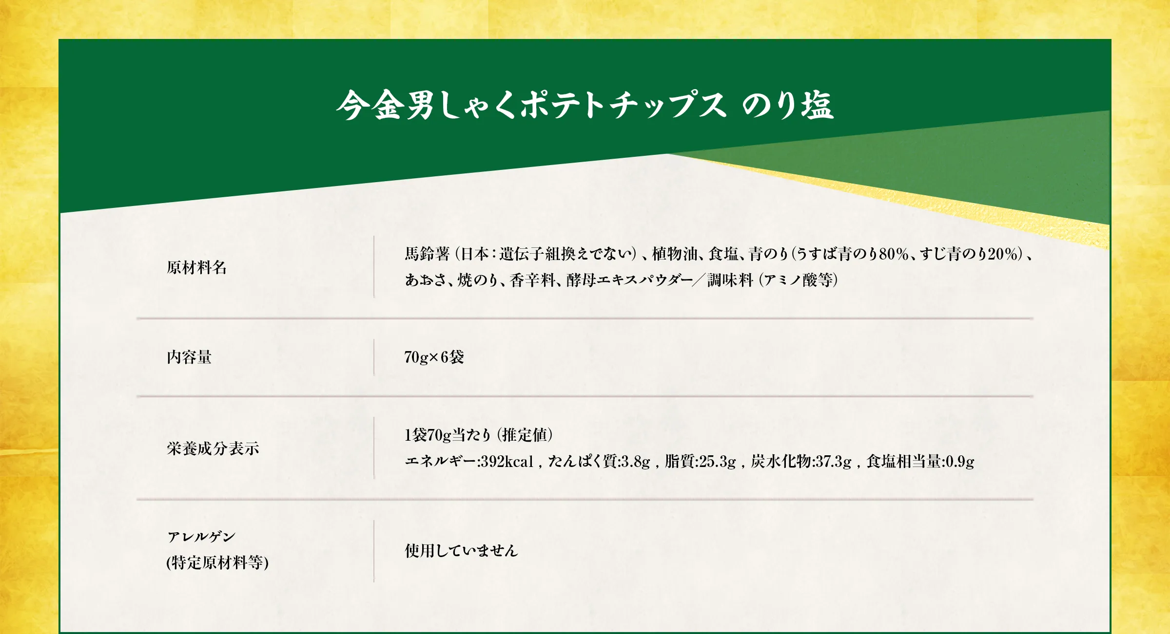 今金男しゃくポテトチップス のり塩【原材料名】馬鈴薯（日本：遺伝子組換えでない）、植物油、食塩、青のり（うすば青のり80％、すじ青のり20％）、あおさ、焼のり、香辛料、酵母エキスパウダー／調味料（アミノ酸等）【内容量】70g×6袋【栄養成分表示】1袋70g当たり（推定値）エネルギー:392kcal , たんぱく質:3.8g , 脂質:25.3g , 炭水化物:37.3g , 食塩相当量:0.9g【アレルゲン(特定原材料等)】使用していません